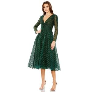 Mac Duggal 20399 Emerald Green A Line Beaded Gown Long Sleeve 6 NEW